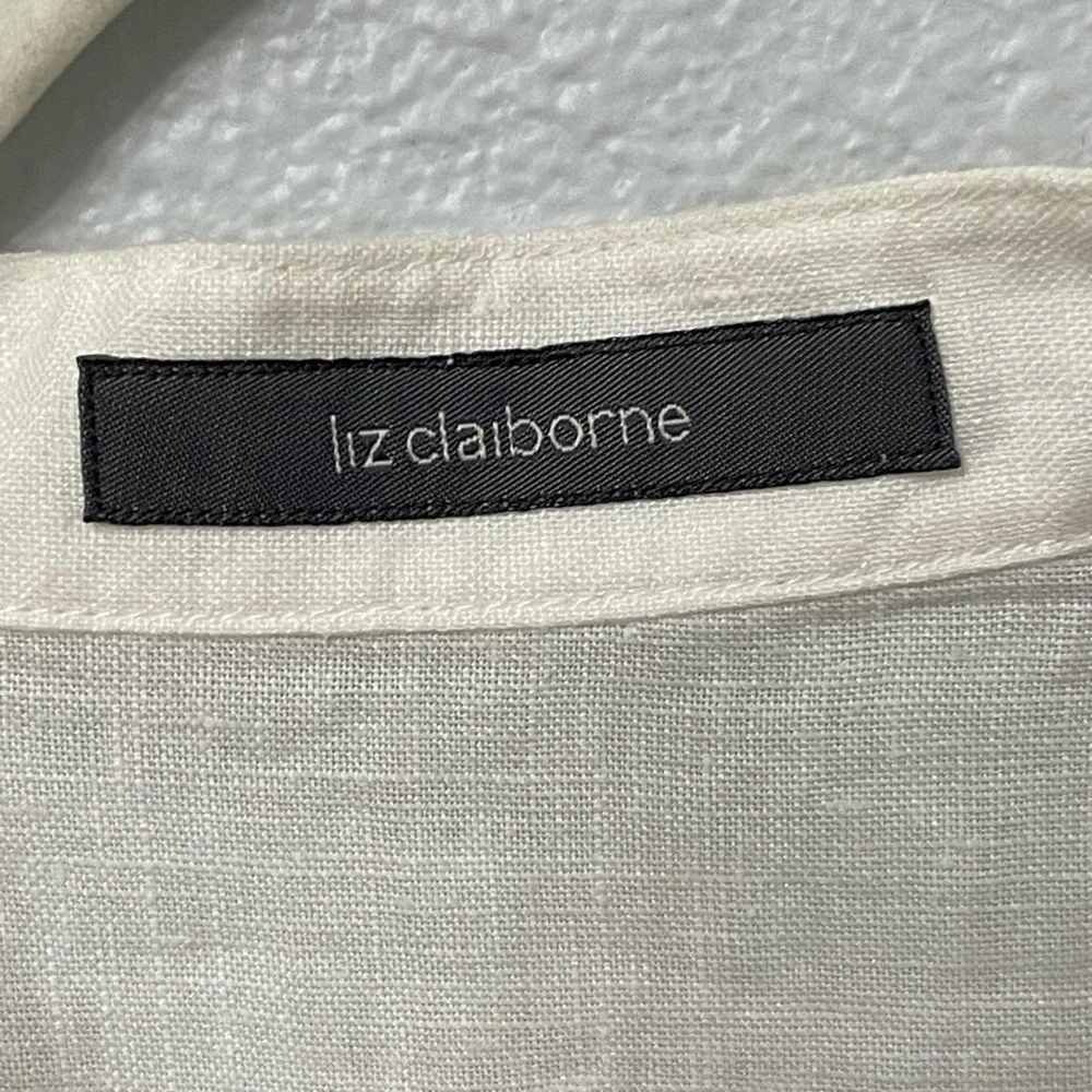 Liz Claiborne Linen Button Down Embroidered Cream Blouse Size M - Picture 6 of 11